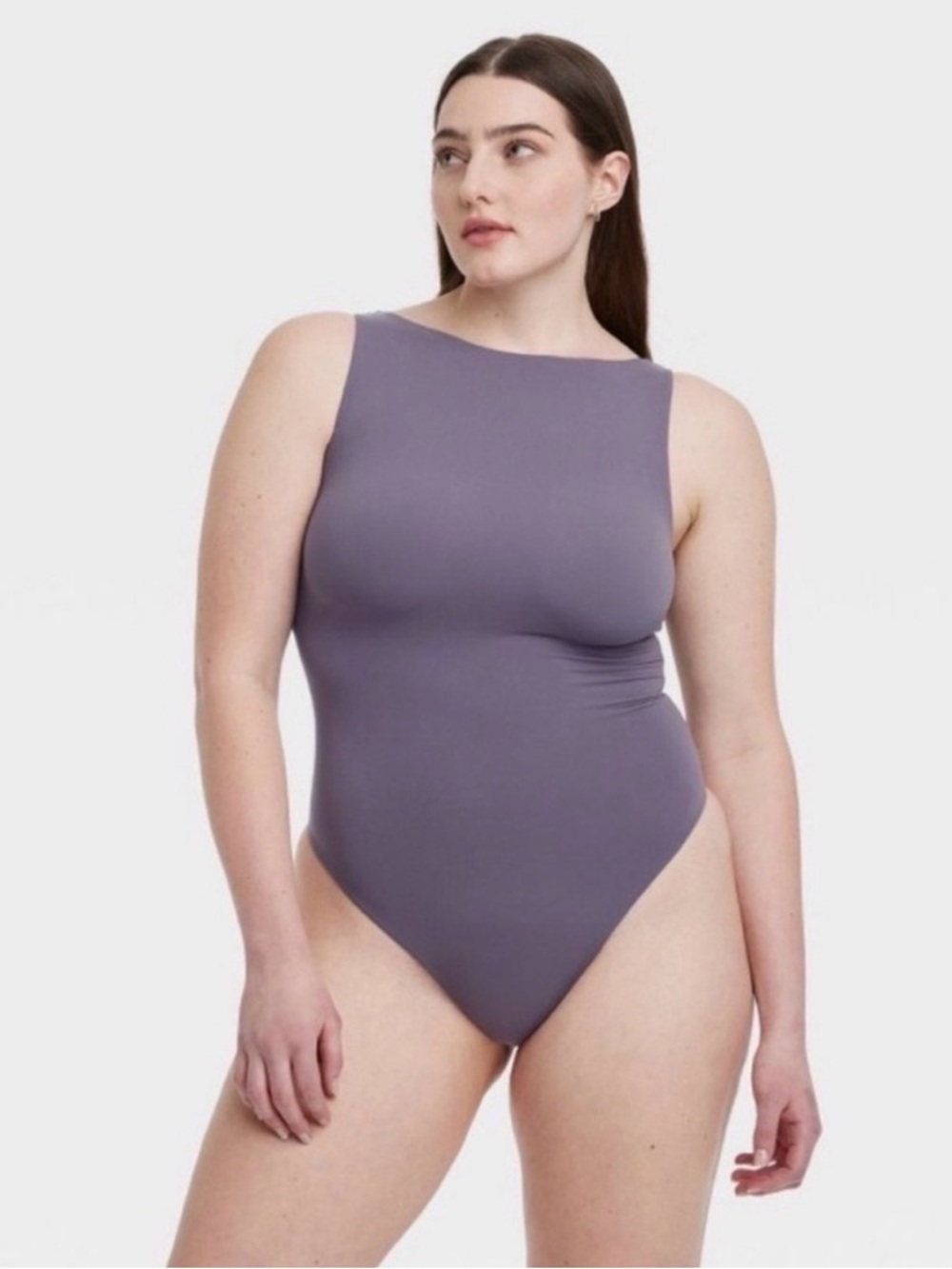 Auden Sleeveless Boat-Neck Thong Bodysuit in Dusty Lavender